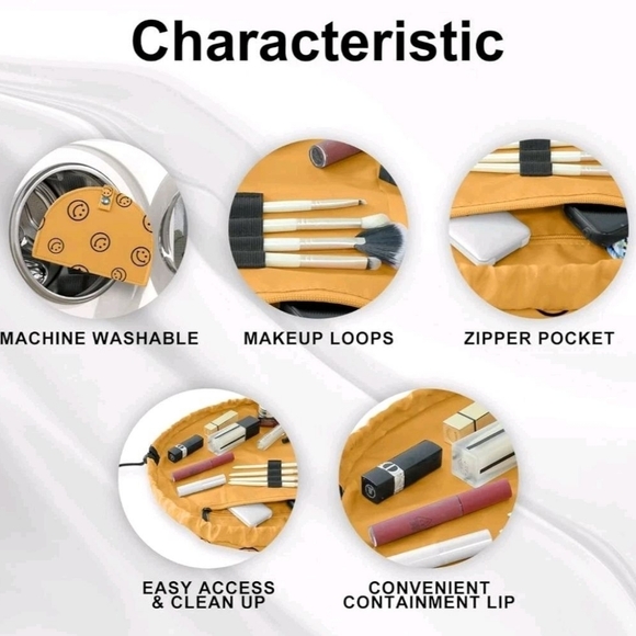 Drawstring Makeup Bag Open Lay Flat,Large Capacity Cosmetic Bag For Women Purse - Picture 4 of 5